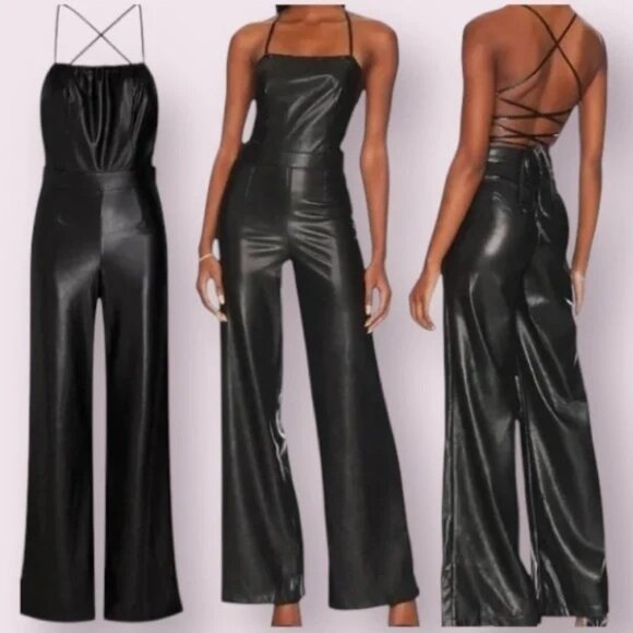 New Good American Faux Buttery Leather Wide Leg Halter Jumpsuit Size Small  RN10 - Picture 1 of 11
